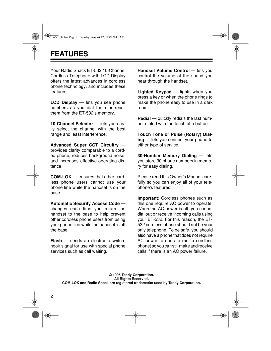 Radio Shack ET-532 owner manual Features 