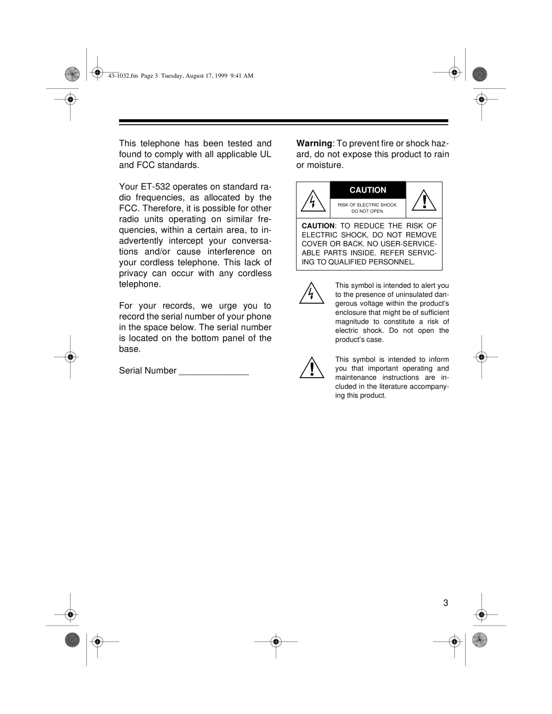 Radio Shack ET-532 owner manual Fm Page 3 Tuesday, August 17, 1999 941 AM 