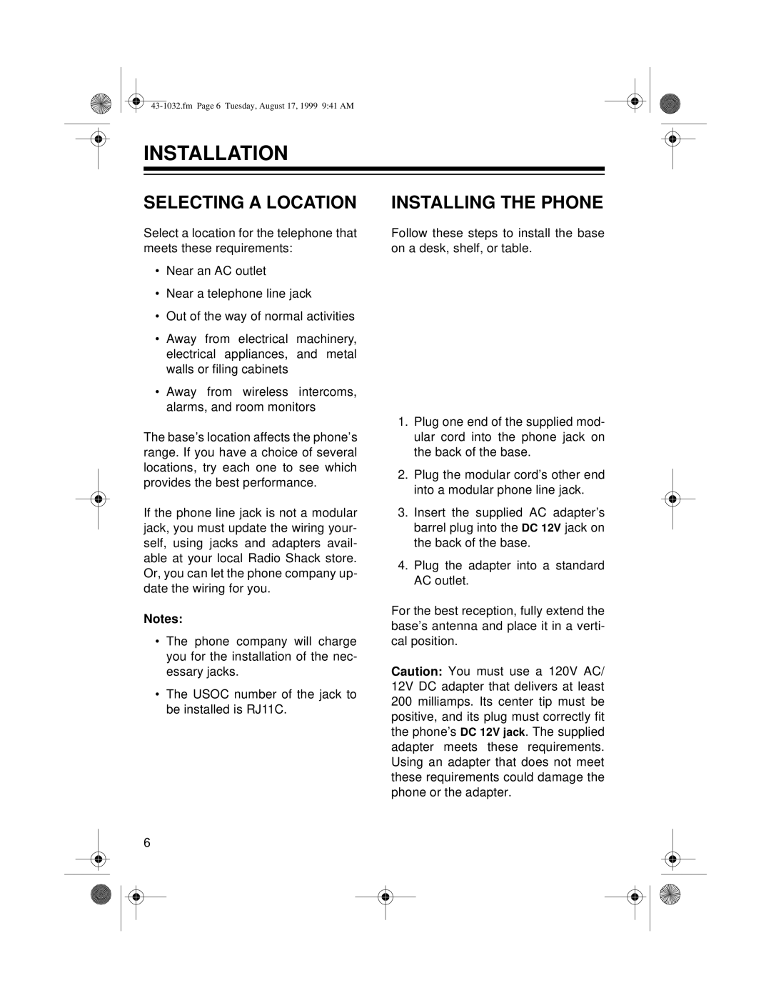 Radio Shack ET-532 owner manual Installation, Selecting a Location, Installing the Phone 