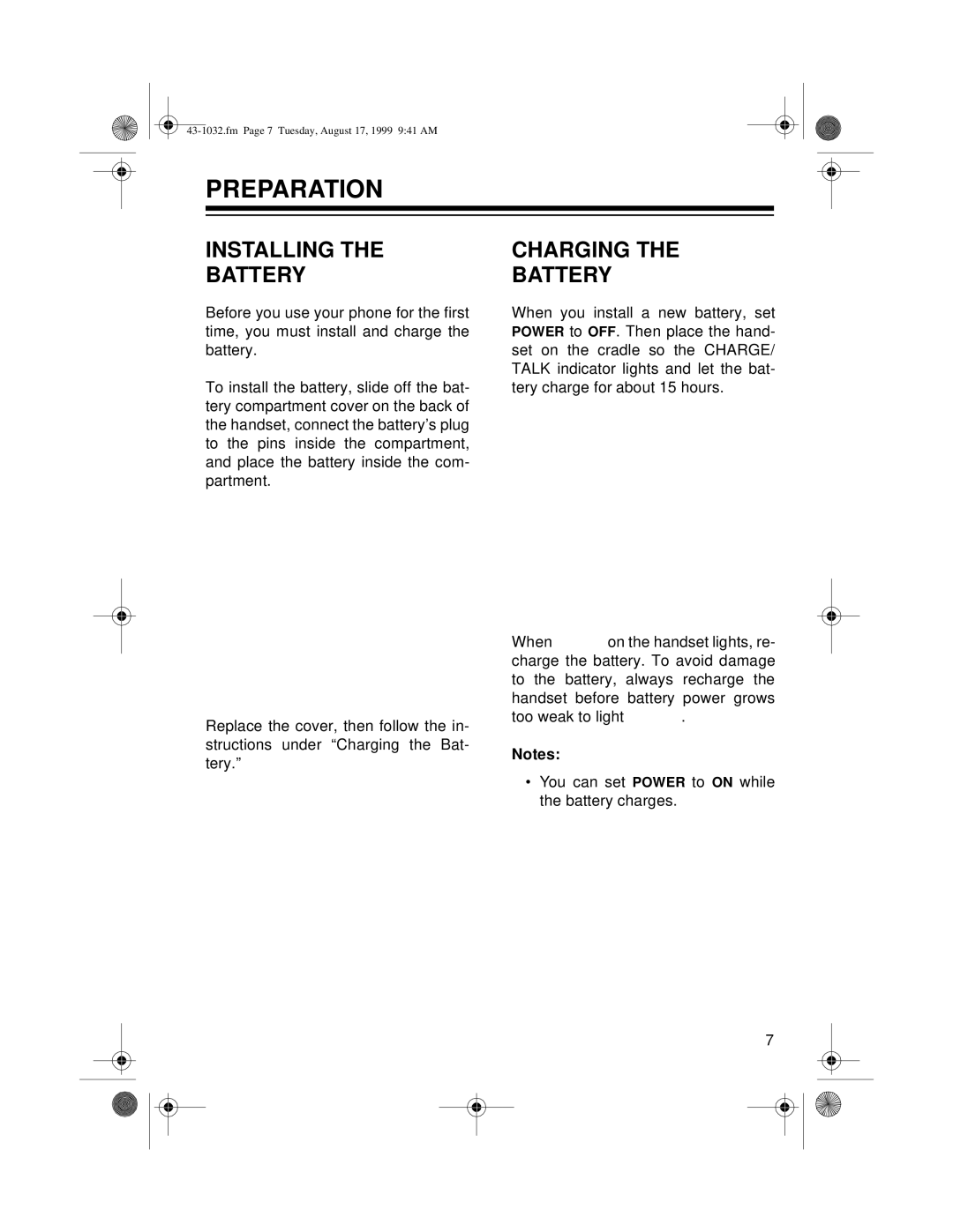 Radio Shack ET-532 owner manual Preparation, Installing Battery, Charging Battery 