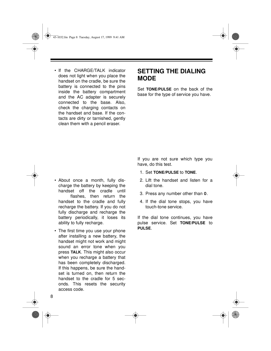 Radio Shack ET-532 owner manual Setting the Dialing Mode 