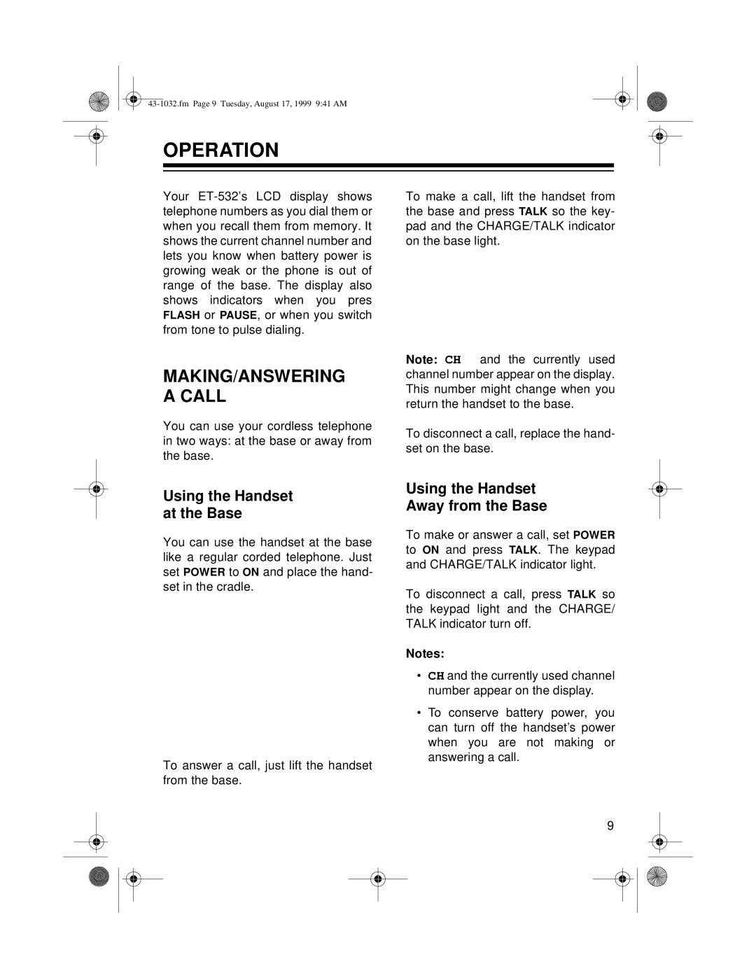 Radio Shack ET-532 Operation, MAKING/ANSWERING a Call, Using the Handset At the Base, Using the Handset Away from the Base 