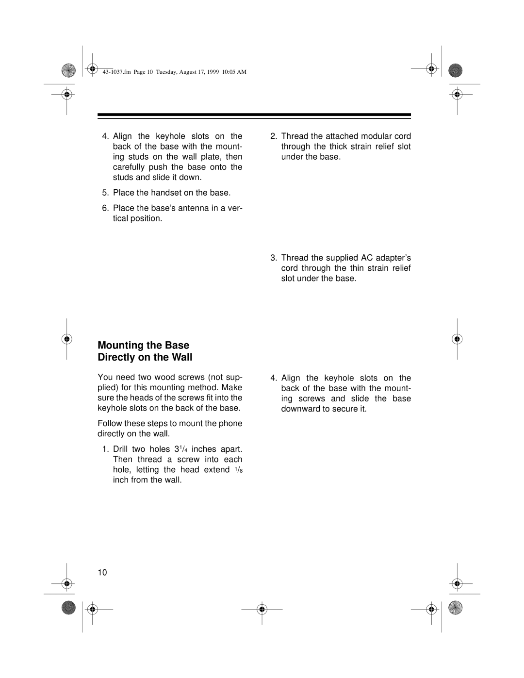 Radio Shack ET-537 owner manual Mounting the Base Directly on the Wall 