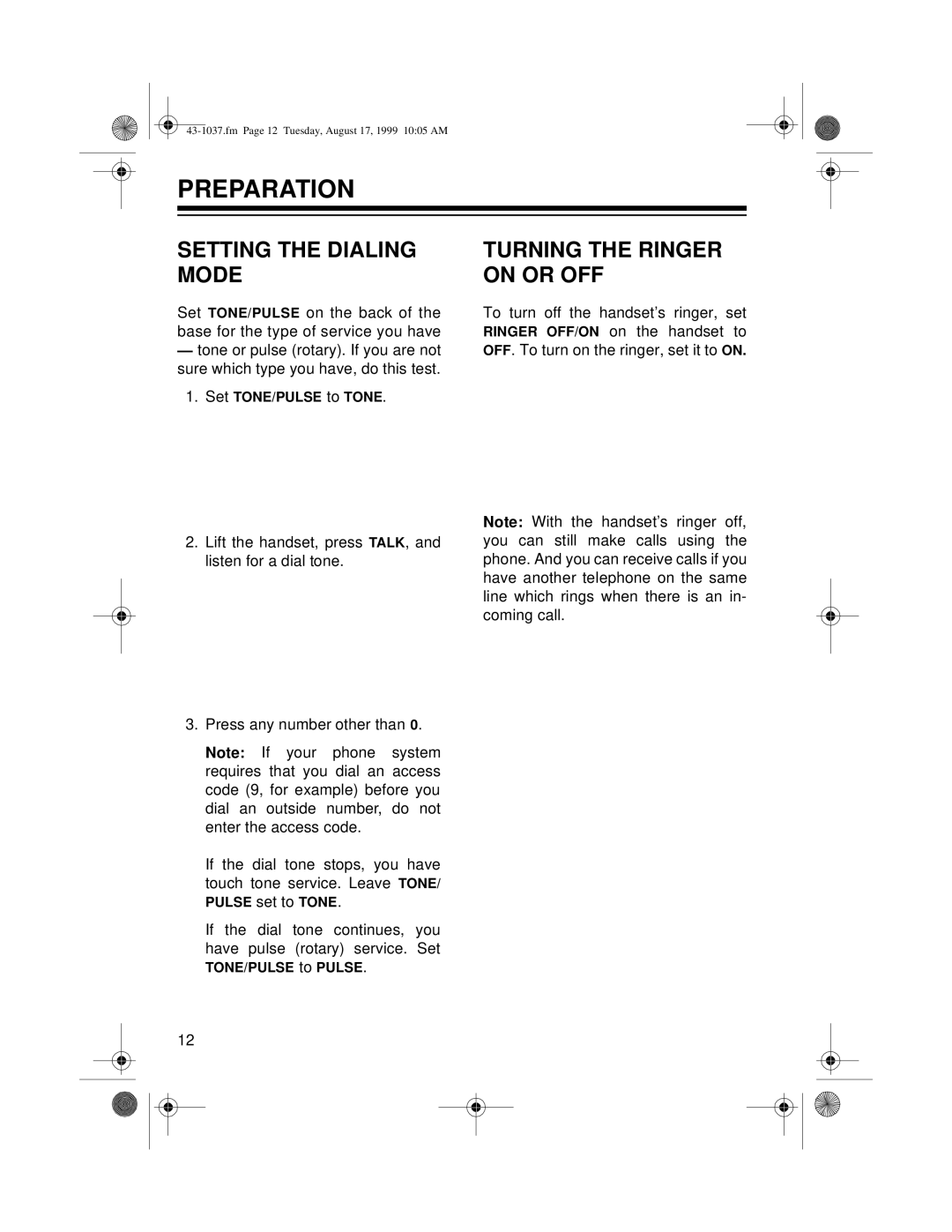 Radio Shack ET-537 owner manual Preparation, Setting the Dialing Mode, Turning the Ringer on or OFF 