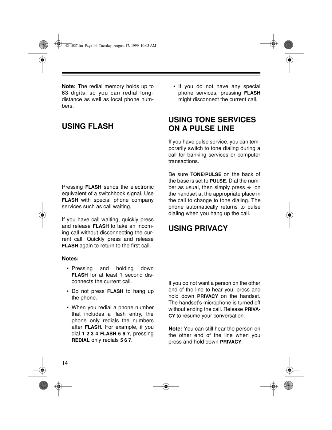 Radio Shack ET-537 owner manual Using Flash, Using Tone Services on a Pulse Line, Using Privacy 