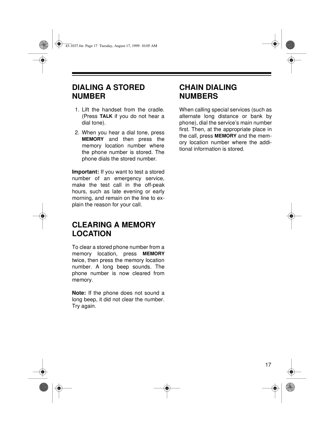 Radio Shack ET-537 owner manual Dialing a Stored Number, Clearing a Memory Location, Chain Dialing Numbers 