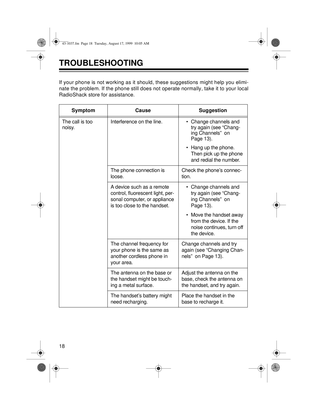 Radio Shack ET-537 owner manual Troubleshooting, Symptom Cause Suggestion 