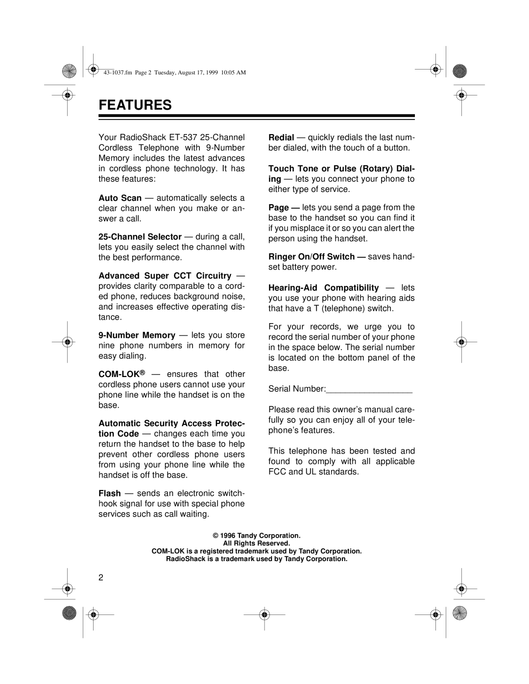 Radio Shack ET-537 owner manual Features 