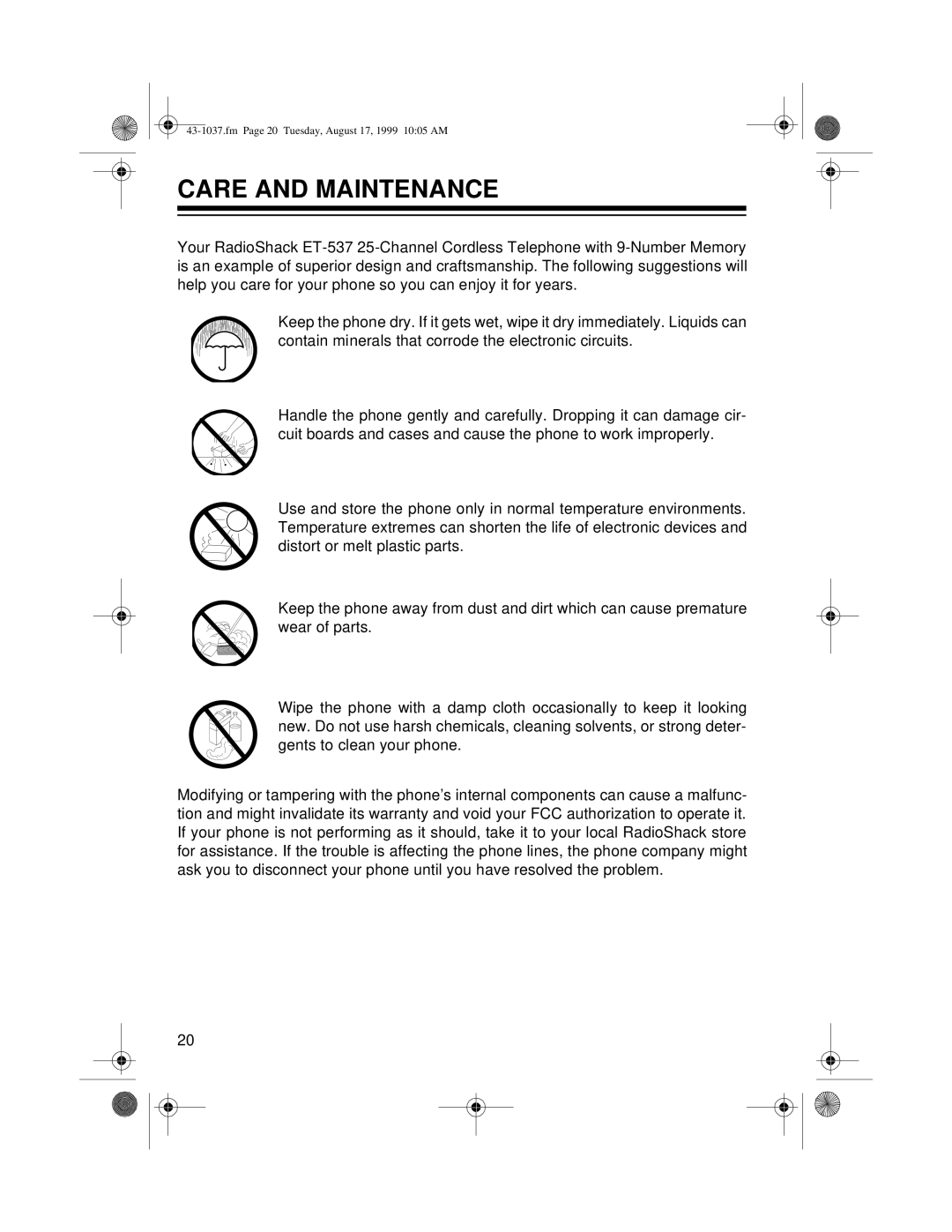 Radio Shack ET-537 owner manual Care and Maintenance 