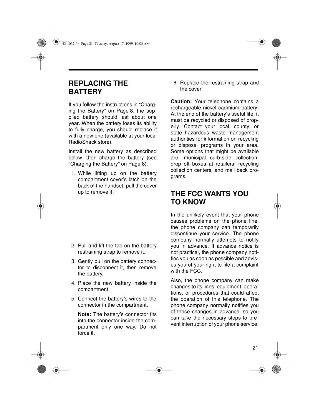 Radio Shack ET-537 owner manual Replacing Battery, FCC Wants YOU to Know 