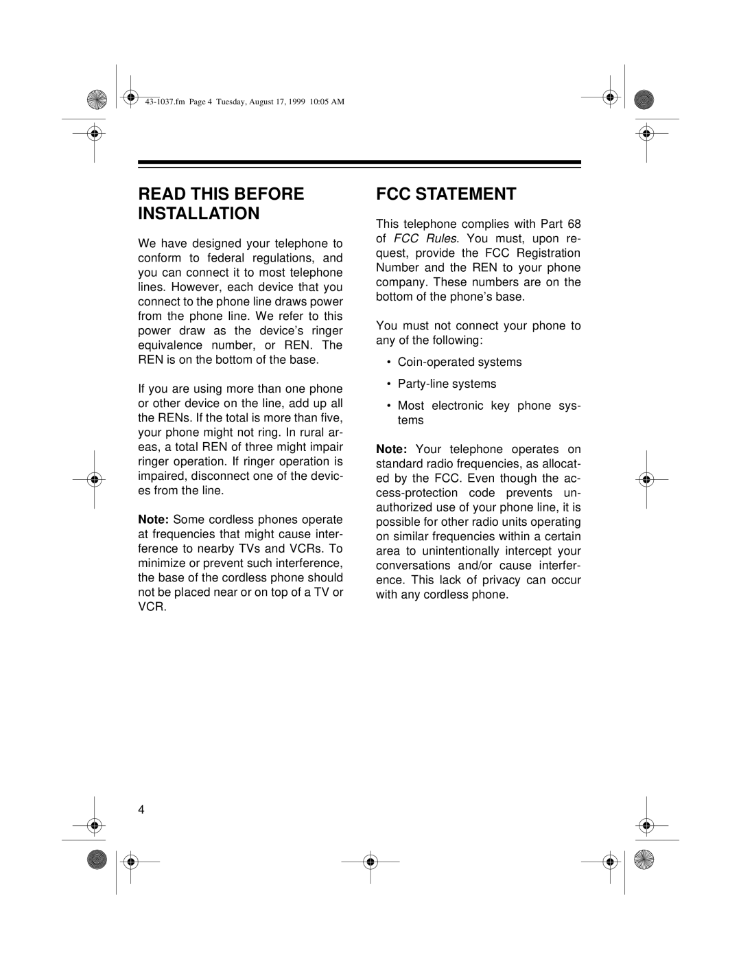 Radio Shack ET-537 owner manual Read this Before Installation, FCC Statement 