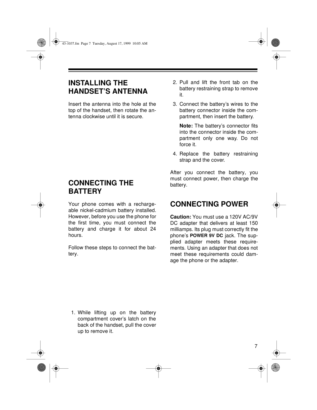 Radio Shack ET-537 owner manual Installing the HANDSET’S Antenna, Connecting Battery, Connecting Power 