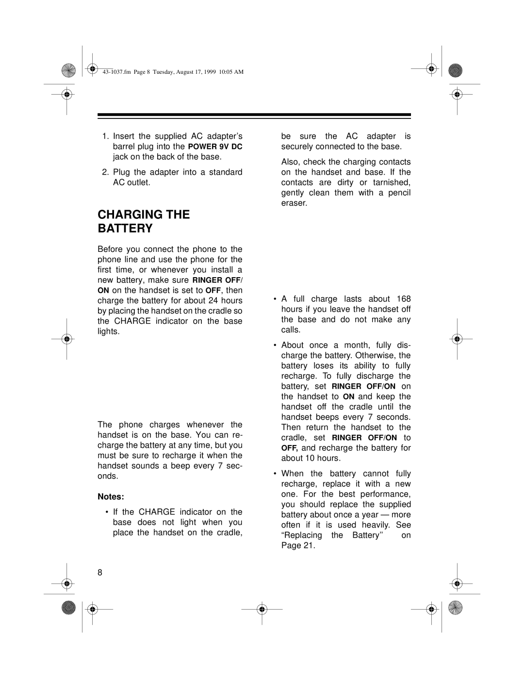 Radio Shack ET-537 owner manual Charging Battery 