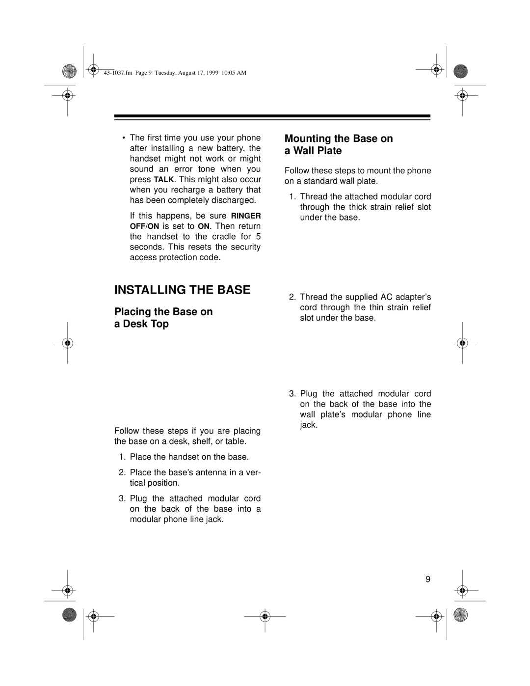 Radio Shack ET-537 owner manual Installing the Base, Mounting the Base on a Wall Plate 