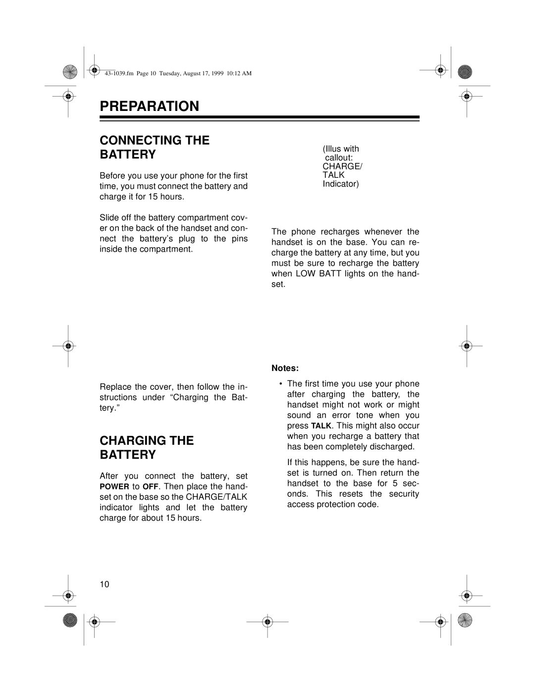 Radio Shack ET-539 owner manual Preparation, Connecting Battery, Charging Battery 