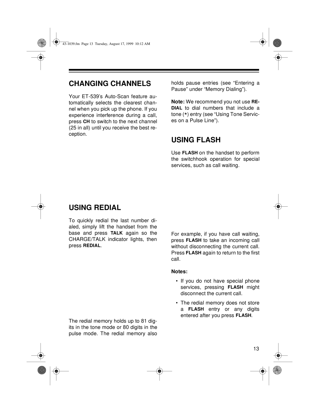 Radio Shack ET-539 owner manual Changing Channels, Using Redial, Using Flash 