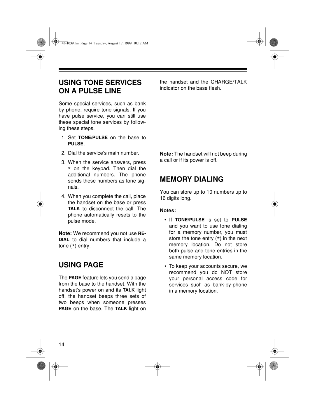 Radio Shack ET-539 owner manual Using, Memory Dialing 