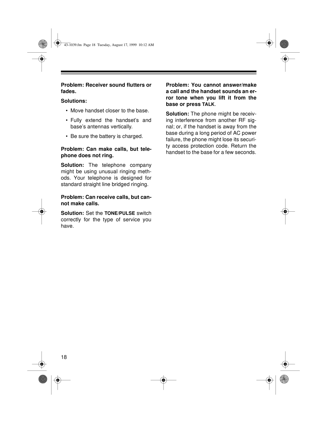 Radio Shack ET-539 owner manual Problem Can receive calls, but can- not make calls 