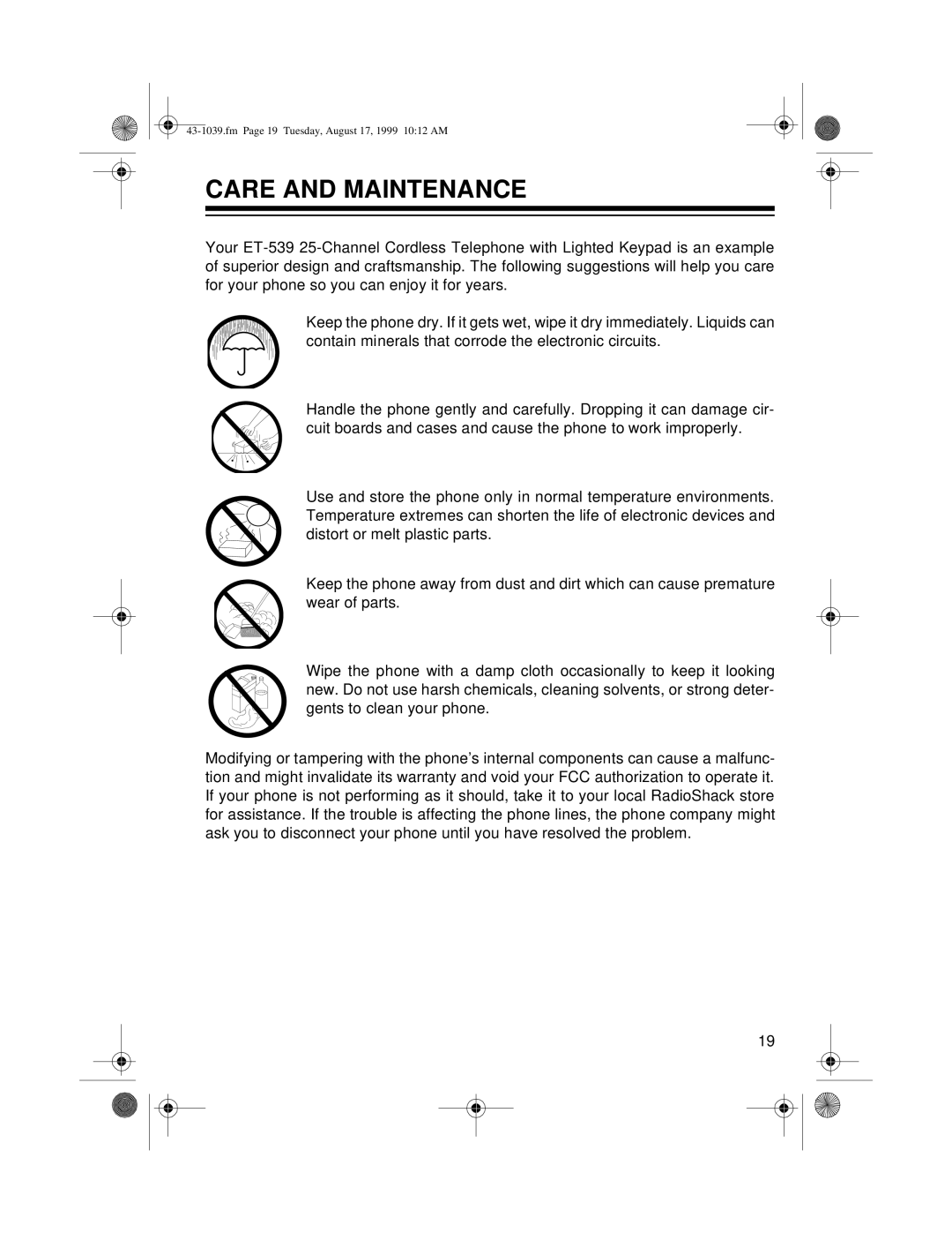 Radio Shack ET-539 owner manual Care and Maintenance 