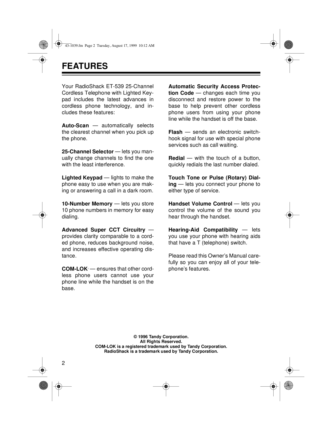 Radio Shack ET-539 owner manual Features 