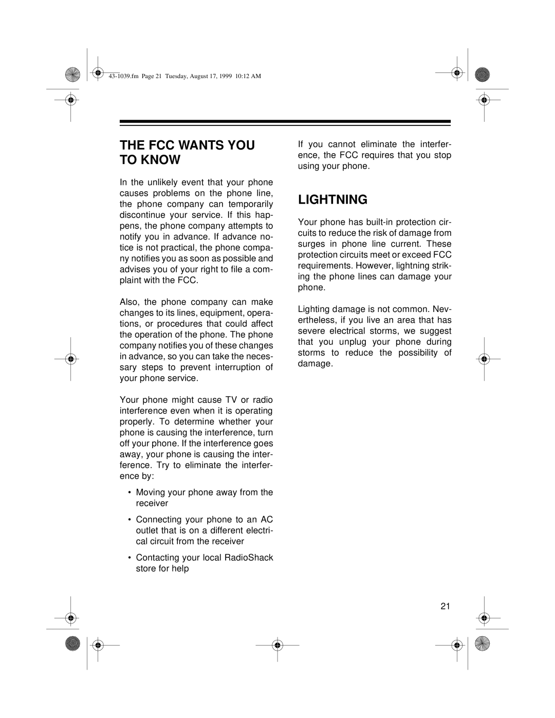 Radio Shack ET-539 owner manual FCC Wants YOU to Know, Lightning 