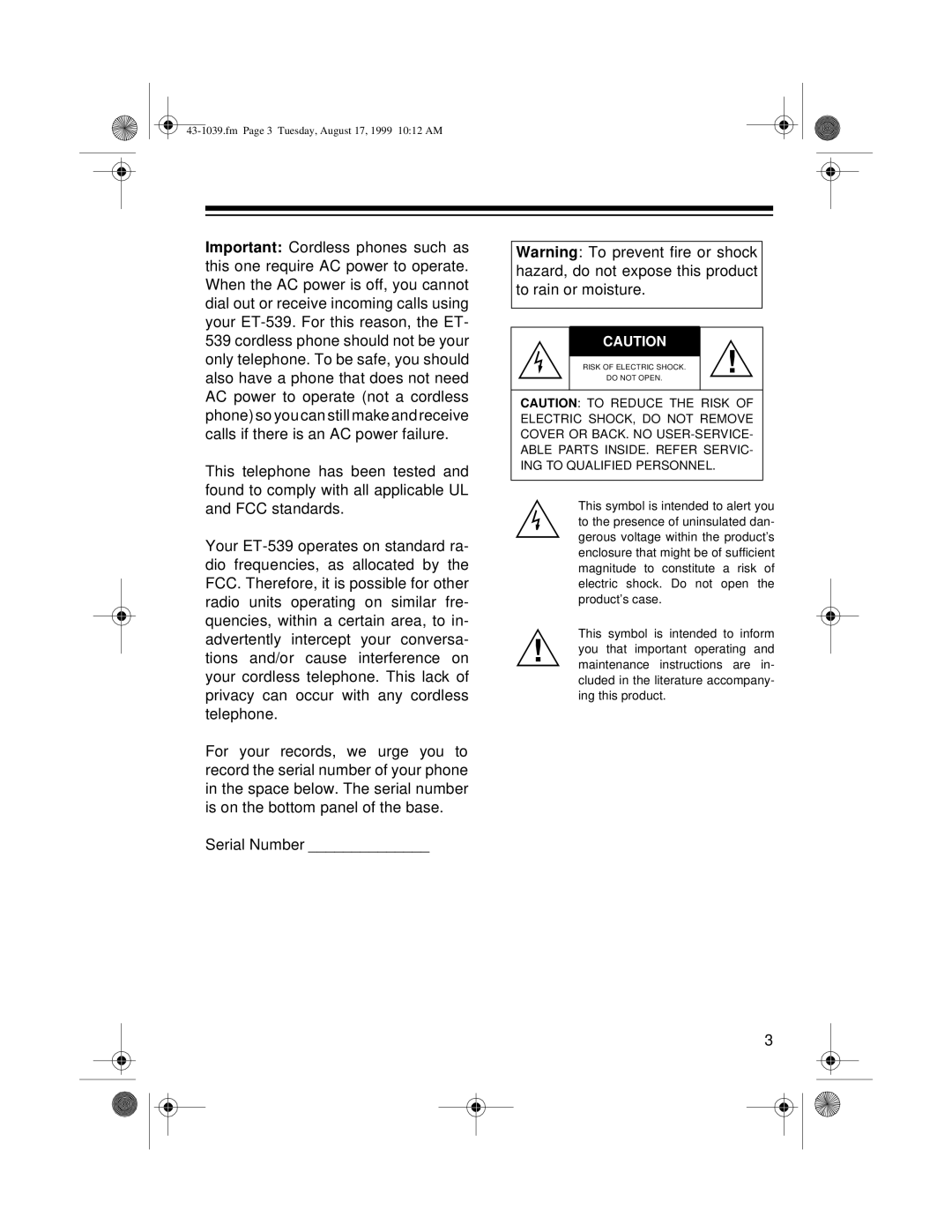 Radio Shack ET-539 owner manual Fm Page 3 Tuesday, August 17, 1999 1012 AM 