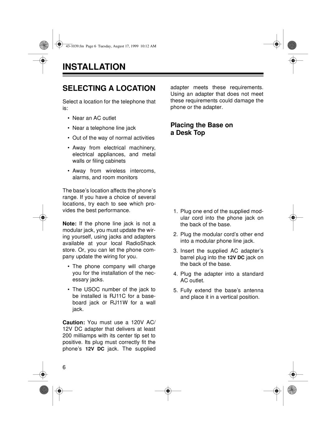 Radio Shack ET-539 owner manual Installation, Selecting a Location, Placing the Base on a Desk Top 