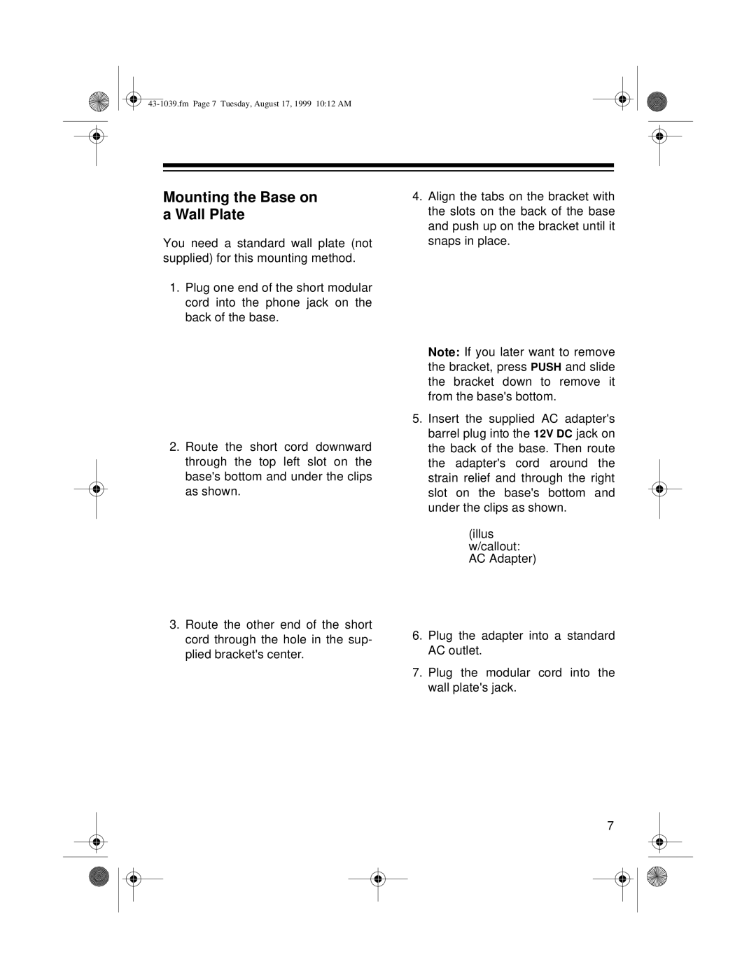 Radio Shack ET-539 owner manual Mounting the Base on a Wall Plate 