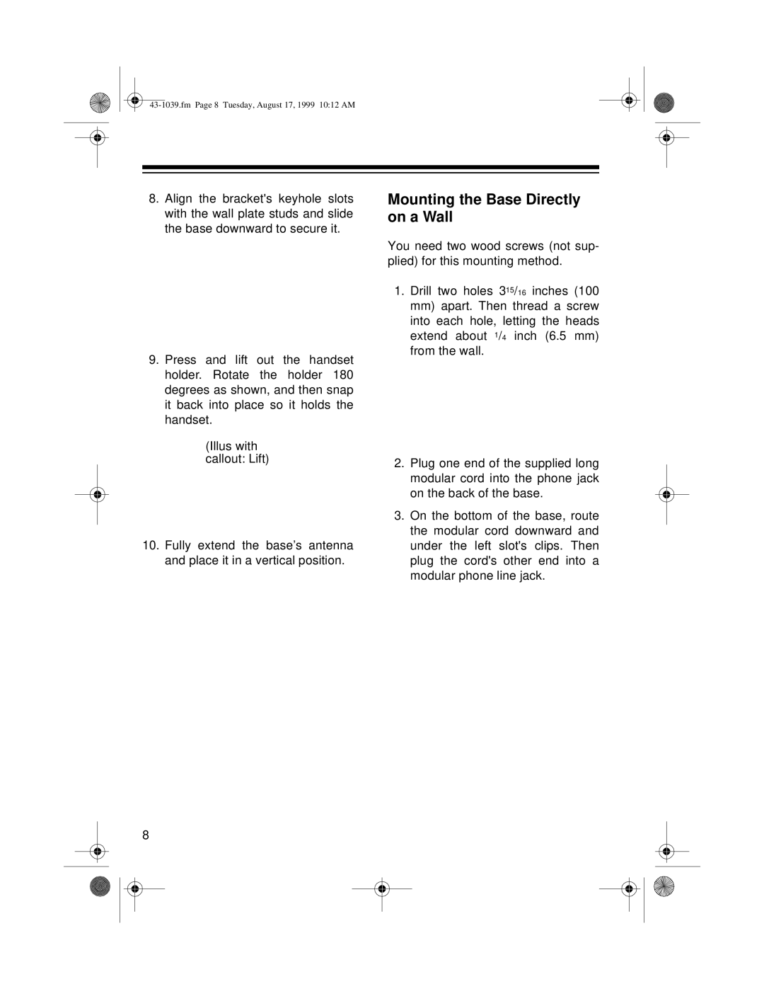 Radio Shack ET-539 owner manual Mounting the Base Directly on a Wall 