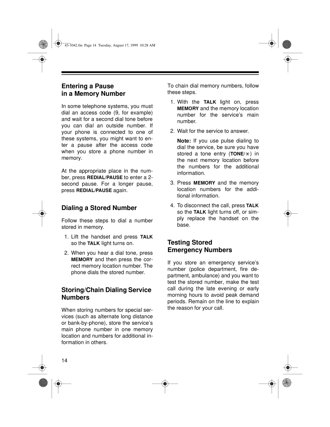 Radio Shack ET-542 owner manual Entering a Pause A Memory Number 