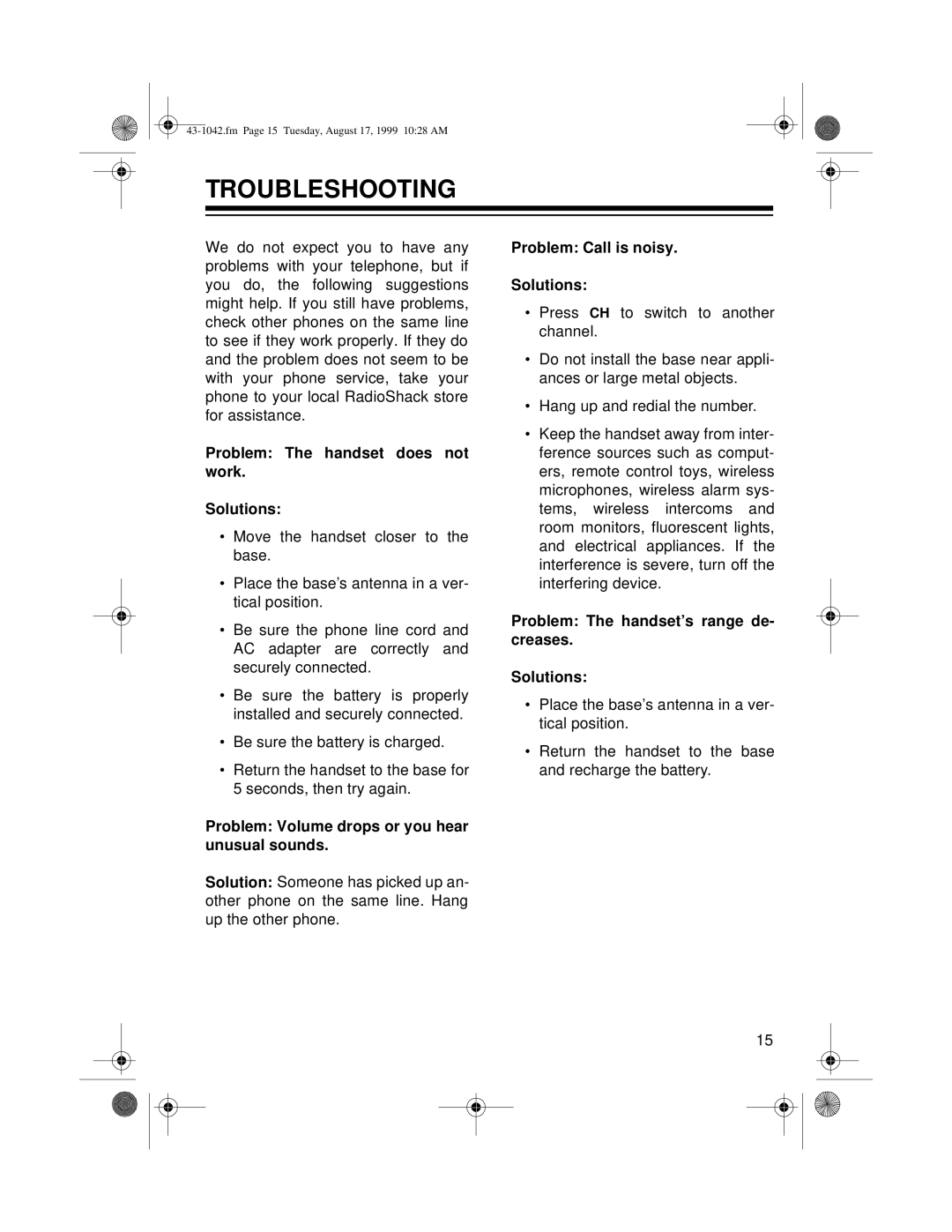 Radio Shack ET-542 owner manual Troubleshooting, Problem The handset does not work Solutions 