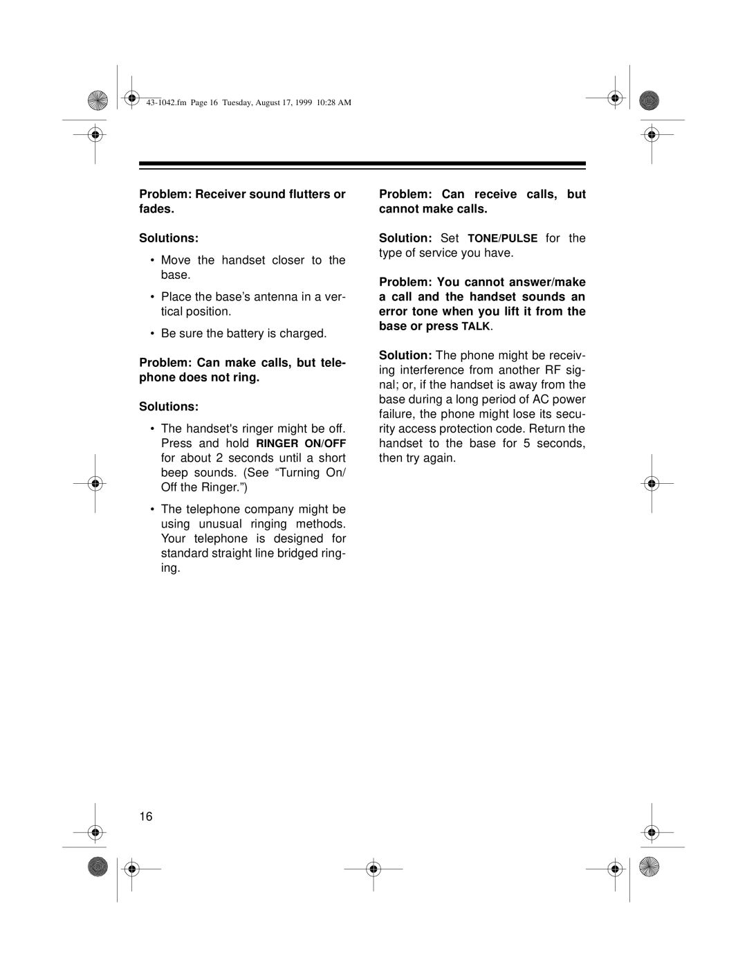 Radio Shack ET-542 owner manual Problem Can receive calls, but cannot make calls 