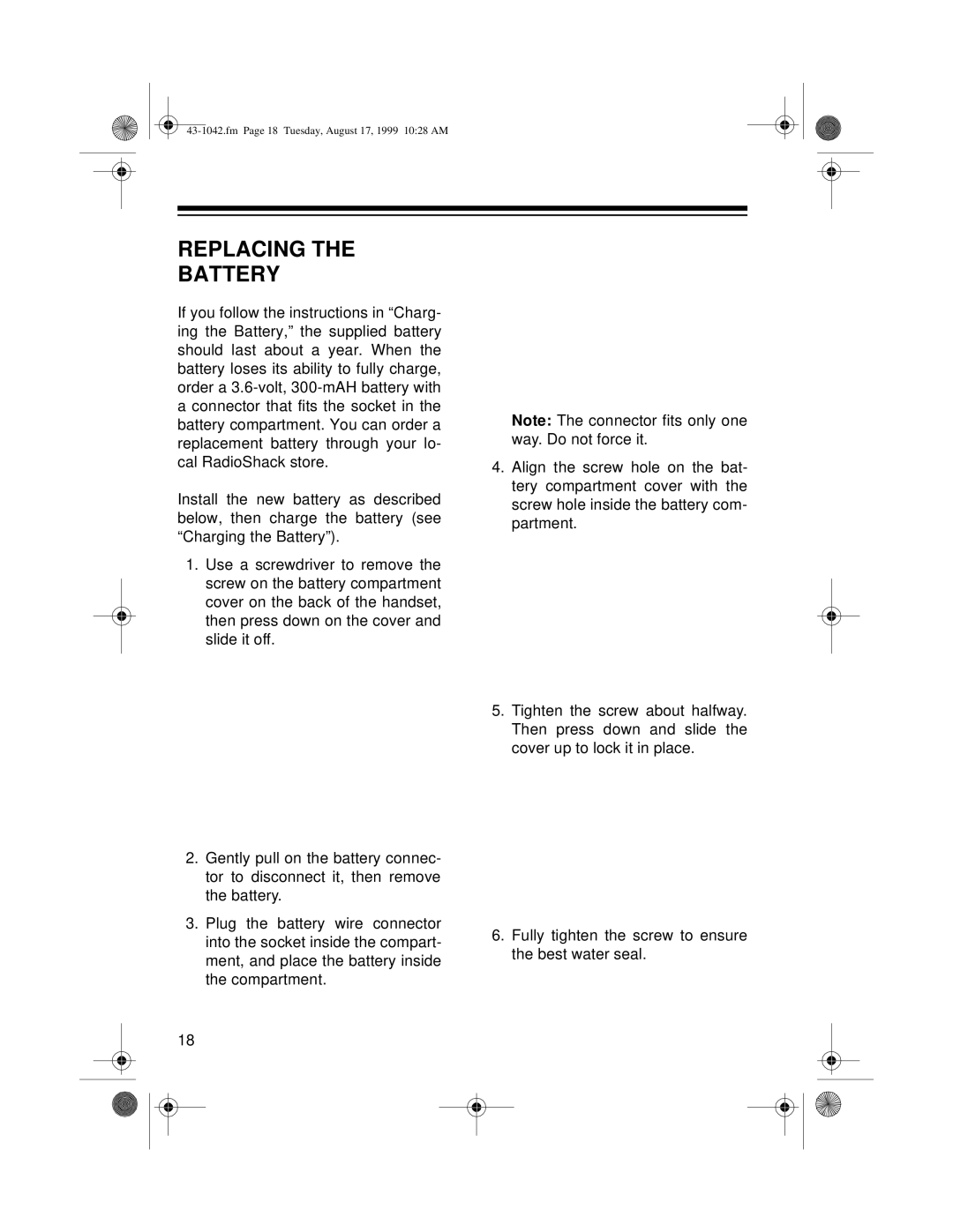 Radio Shack ET-542 owner manual Replacing Battery 