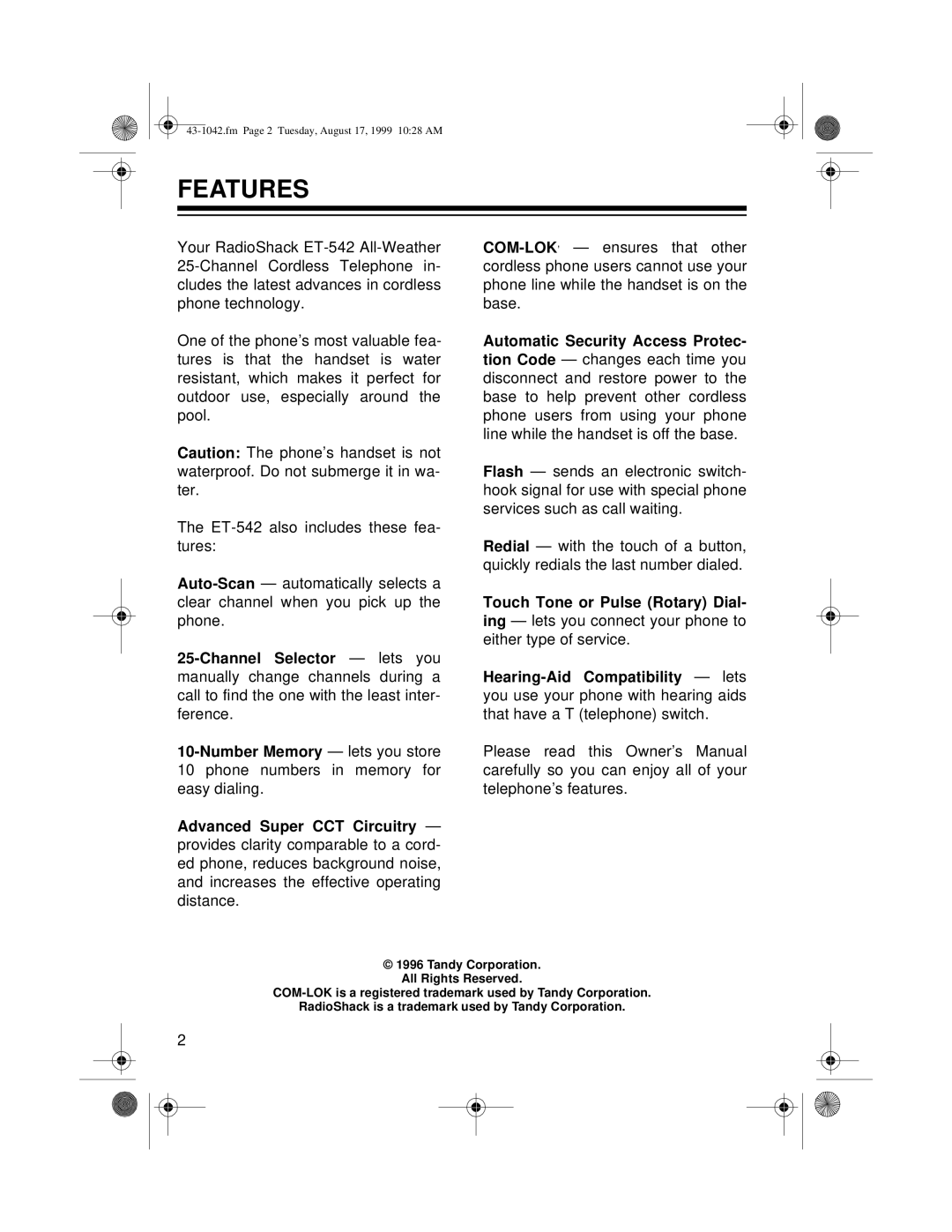 Radio Shack ET-542 owner manual Features 