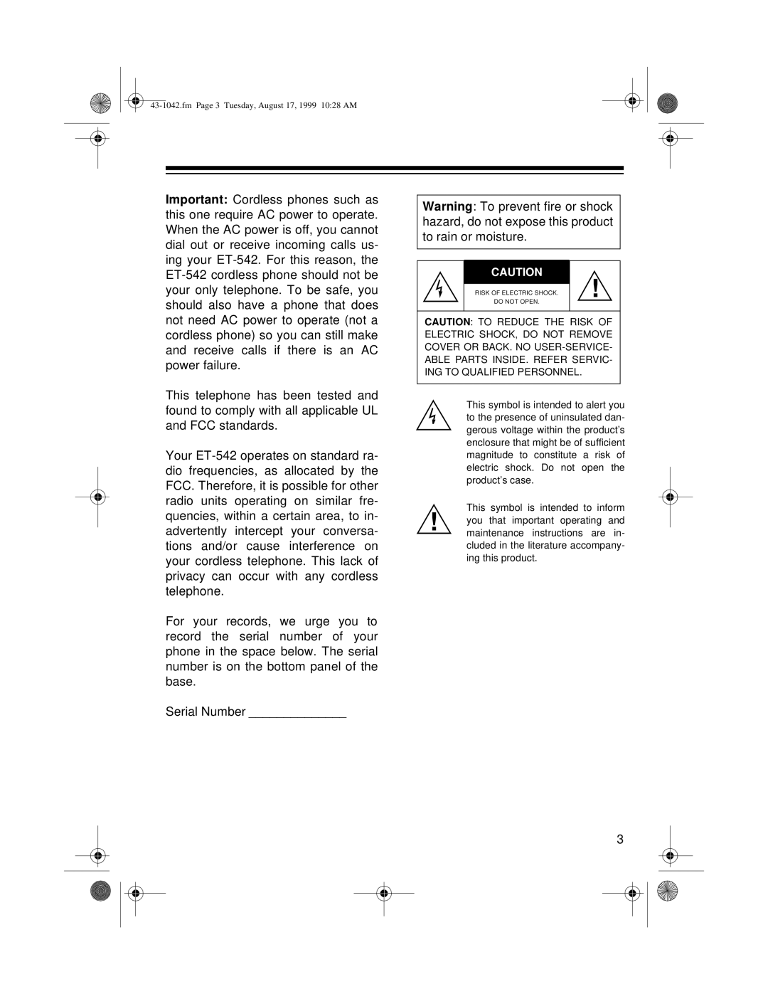 Radio Shack ET-542 owner manual Fm Page 3 Tuesday, August 17, 1999 1028 AM 