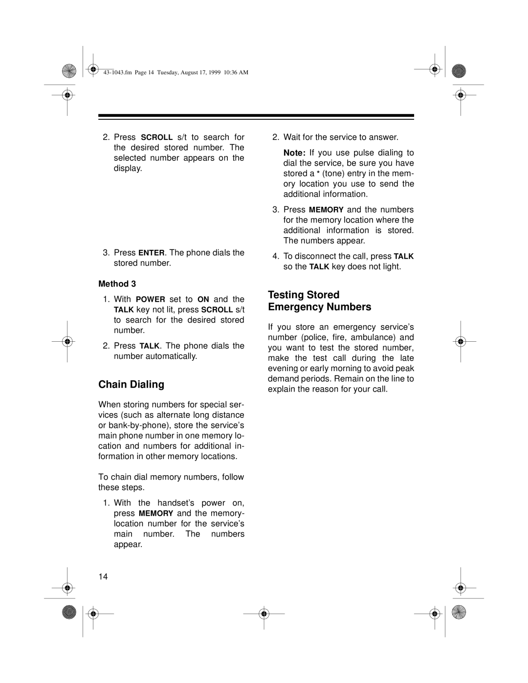 Radio Shack ET-543 owner manual Chain Dialing, Testing Stored Emergency Numbers 