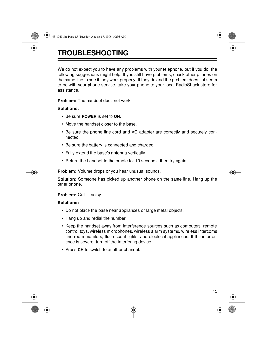 Radio Shack ET-543 owner manual Troubleshooting, Solutions 