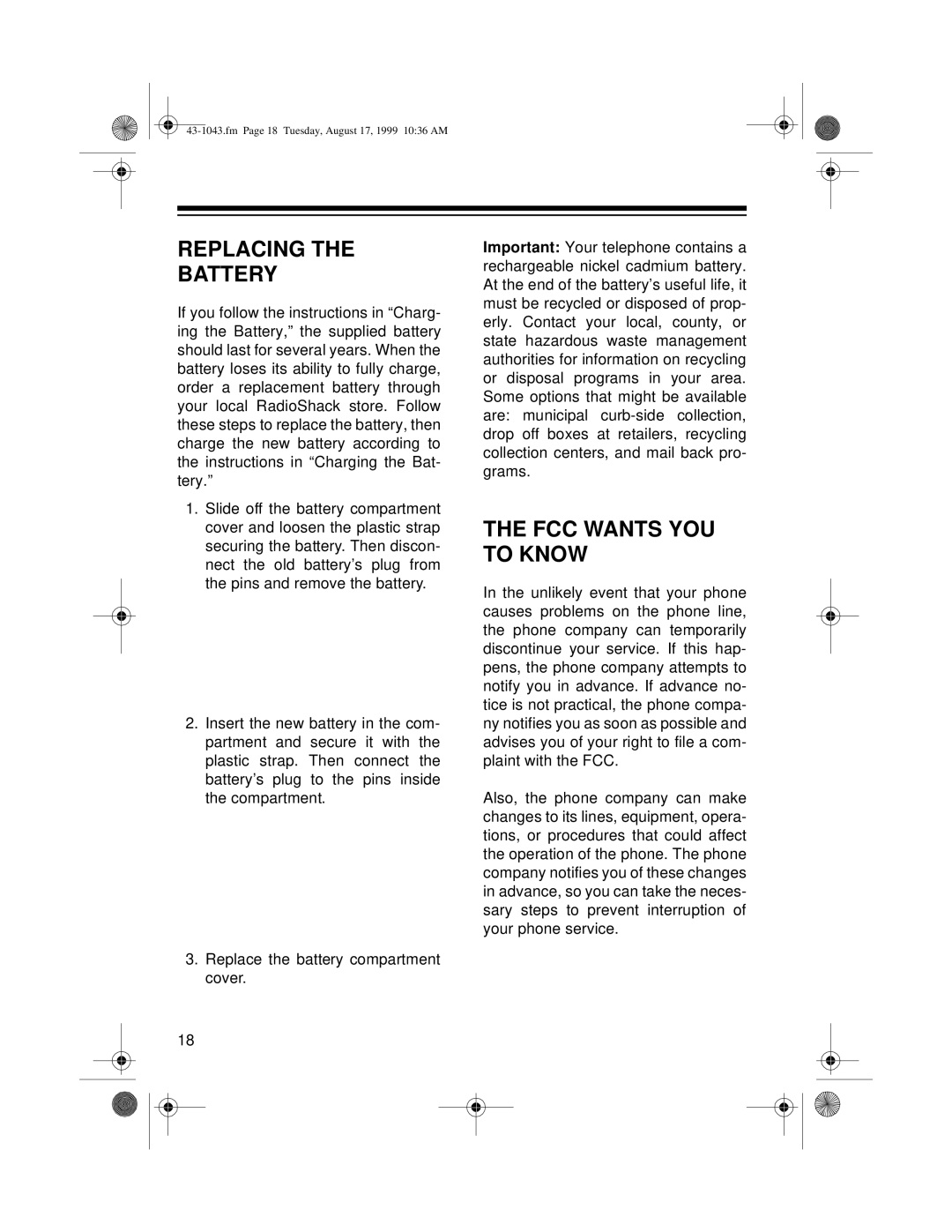 Radio Shack ET-543 owner manual Replacing Battery, FCC Wants YOU to Know 