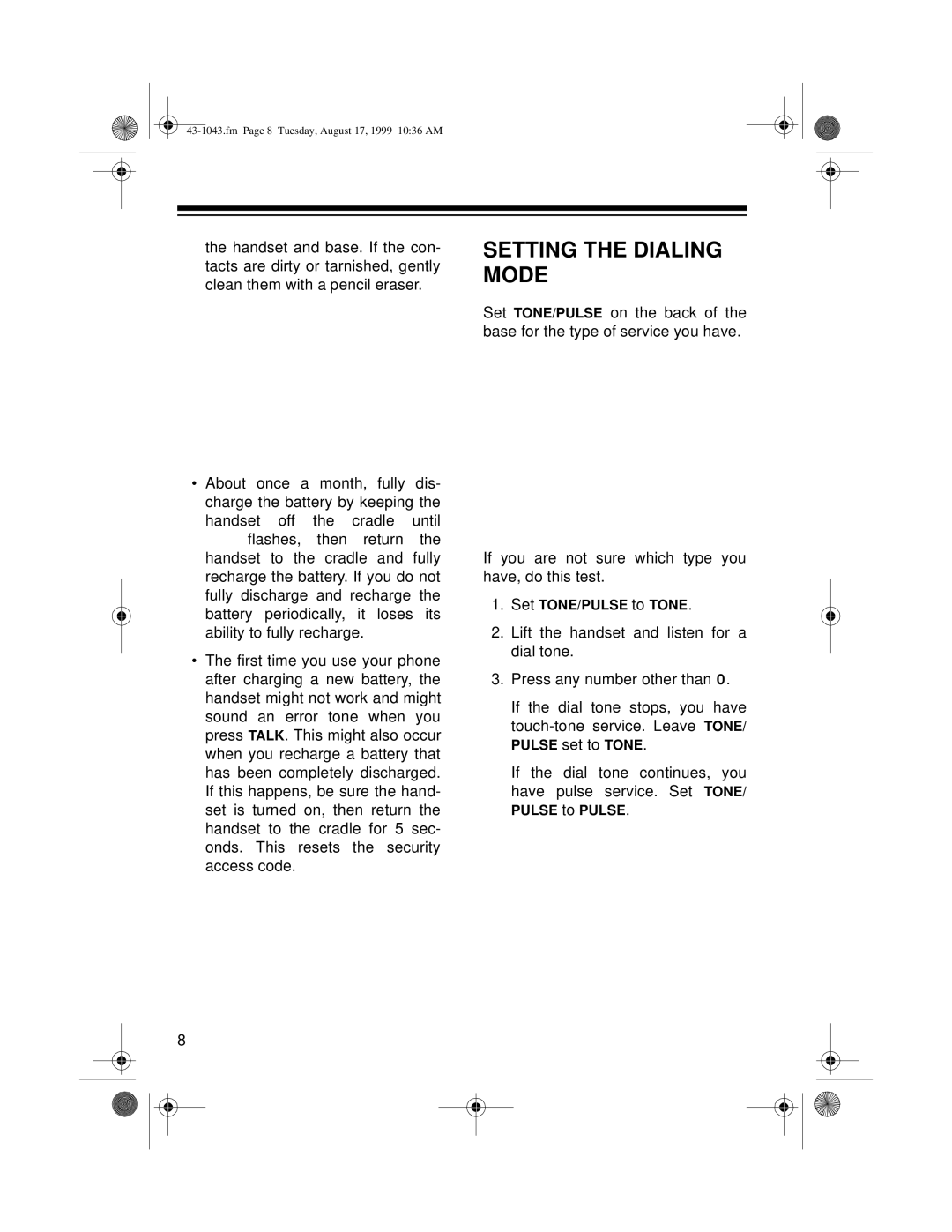 Radio Shack ET-543 owner manual Setting the Dialing Mode 