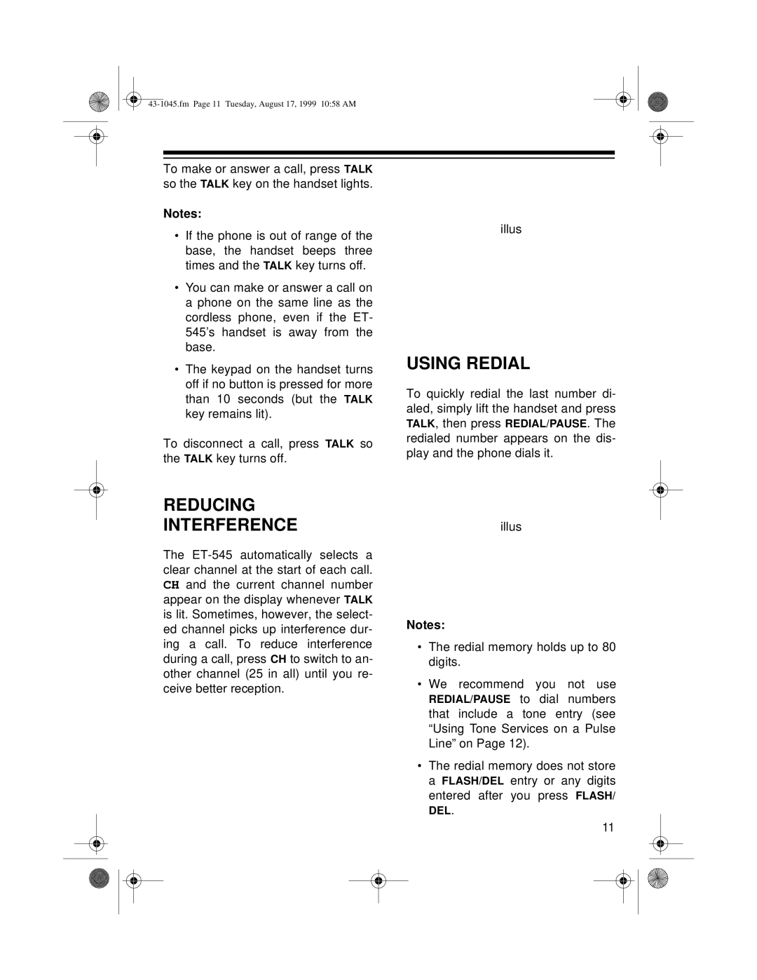 Radio Shack ET-545 owner manual Reducing Interference, Using Redial 