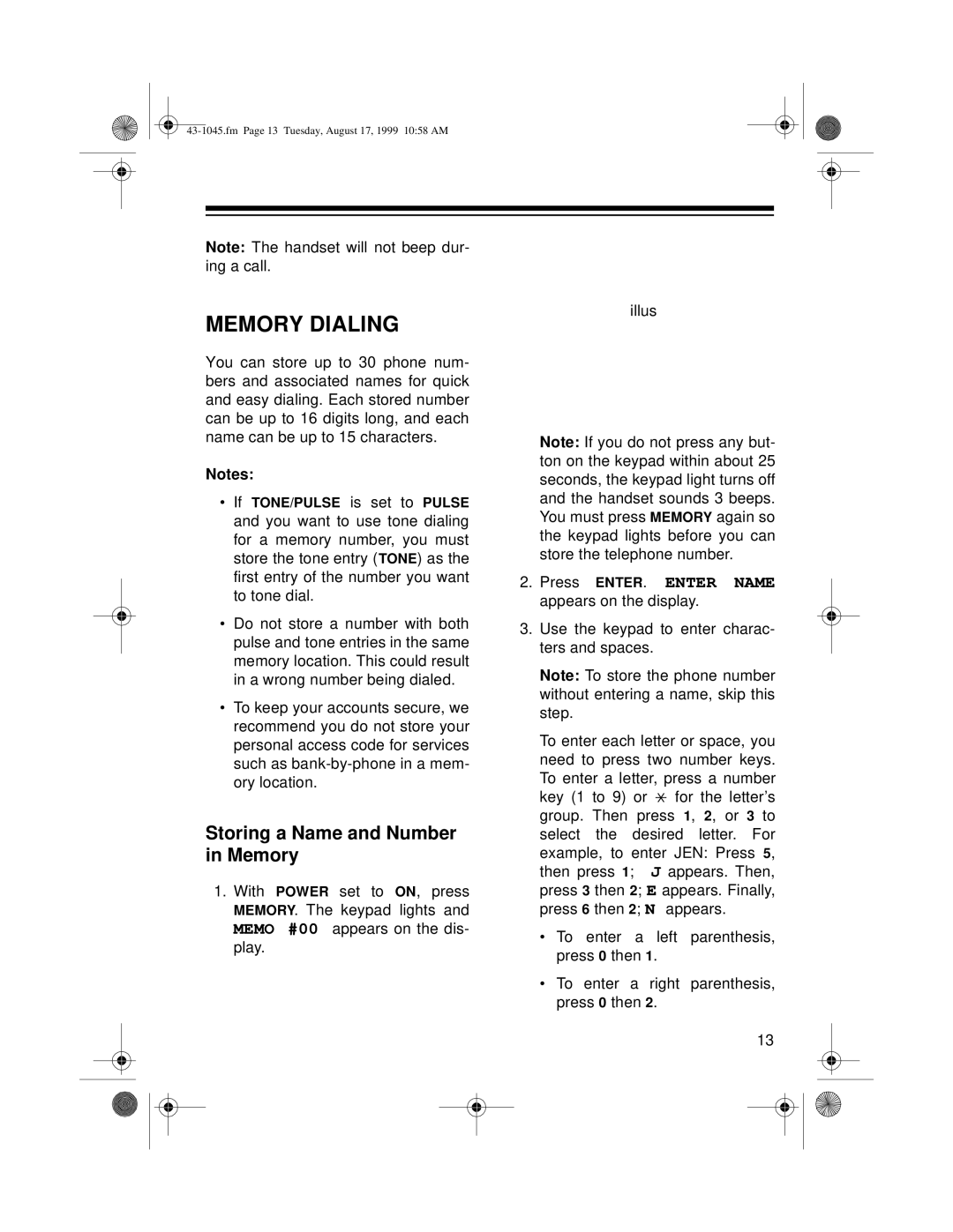 Radio Shack ET-545 owner manual Memory Dialing, Storing a Name and Number in Memory 