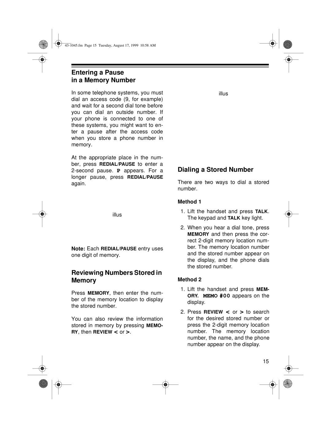 Radio Shack ET-545 Entering a Pause A Memory Number, Reviewing Numbers Stored in Memory, Dialing a Stored Number 