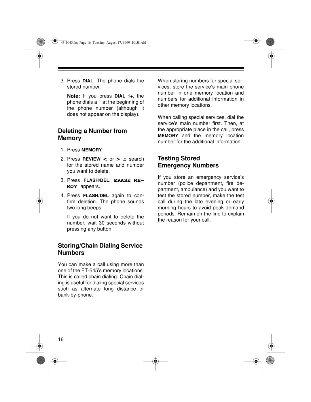 Radio Shack ET-545 Deleting a Number from Memory, Storing/Chain Dialing Service Numbers, Testing Stored Emergency Numbers 