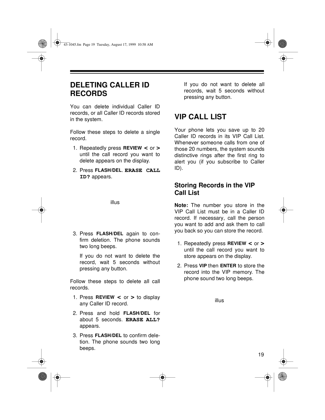 Radio Shack ET-545 owner manual Deleting Caller ID Records, Storing Records in the VIP Call List 