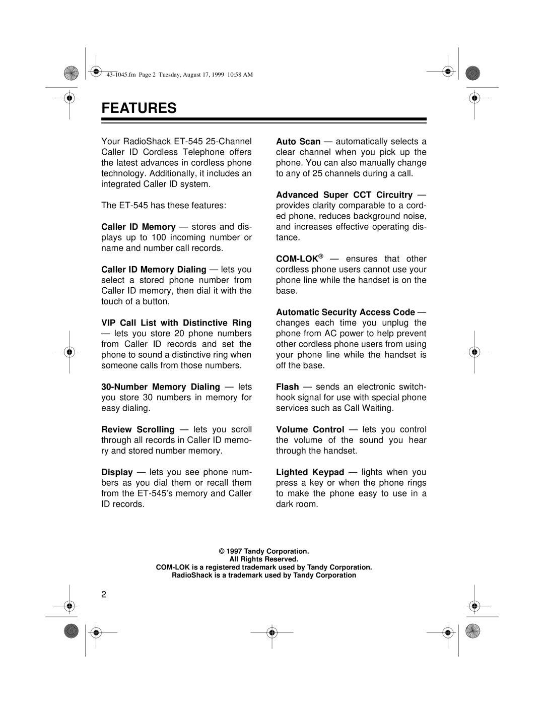 Radio Shack ET-545 owner manual Features 