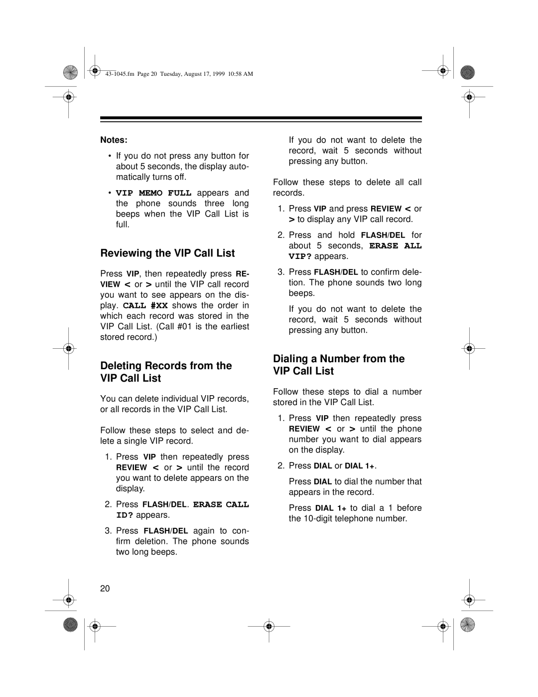 Radio Shack ET-545 owner manual Reviewing the VIP Call List, Deleting Records from the VIP Call List 