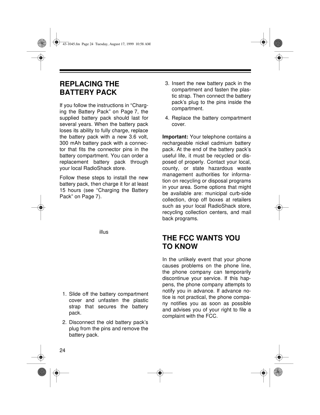 Radio Shack ET-545 owner manual Replacing Battery Pack, FCC Wants YOU to Know 