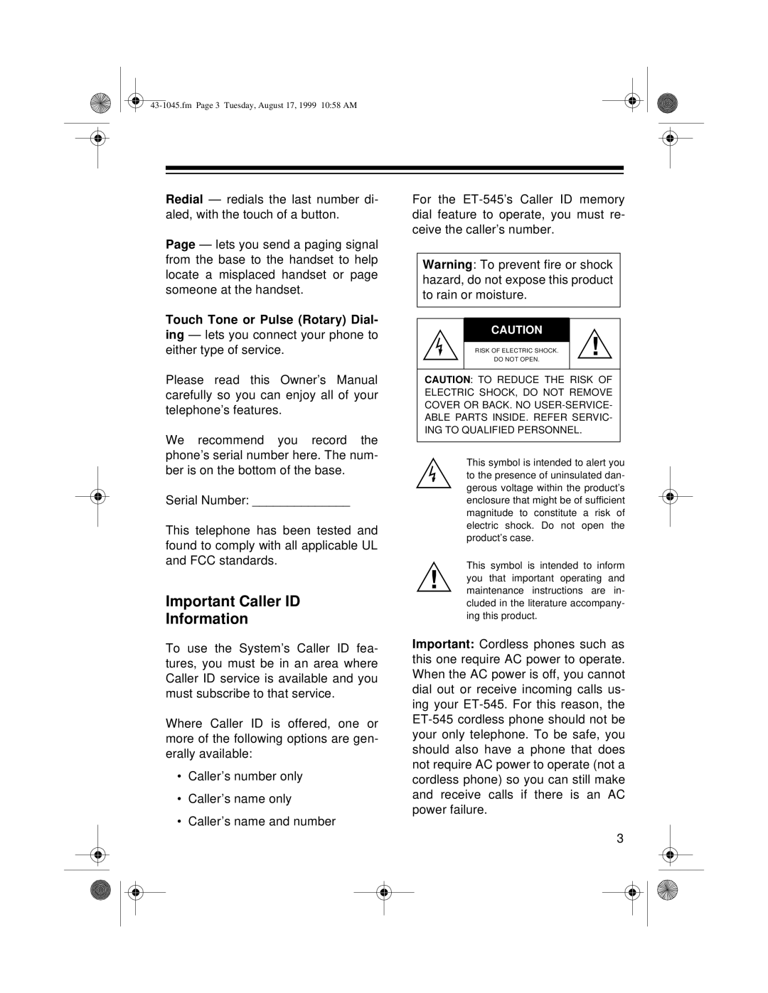 Radio Shack ET-545 owner manual Important Caller ID Information, Touch Tone or Pulse Rotary Dial 