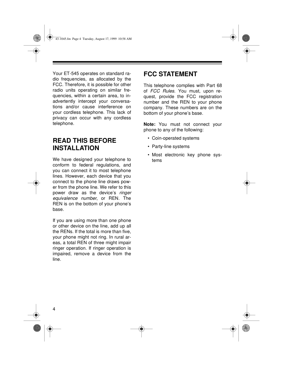 Radio Shack ET-545 owner manual Read this Before Installation, FCC Statement 