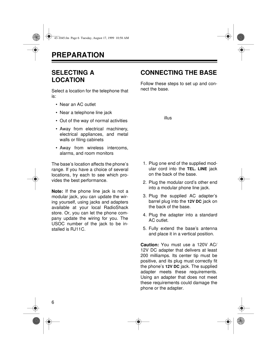 Radio Shack ET-545 owner manual Preparation, Selecting a Location, Connecting the Base 